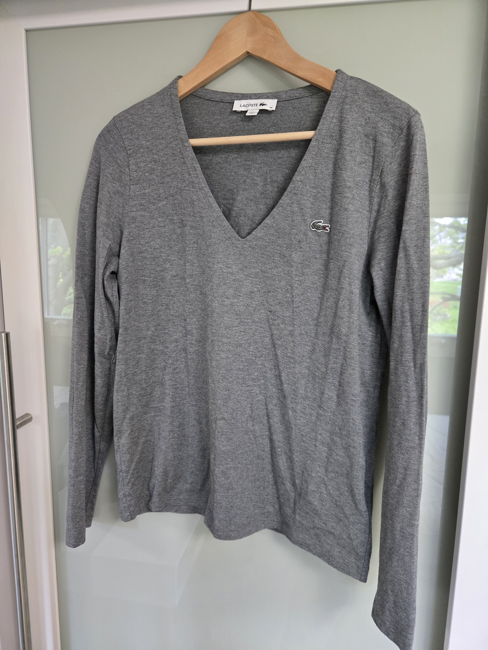 Lacoste V-Neck Long Sleeve Top - Heather Gray Cotton Women's Size 8/40